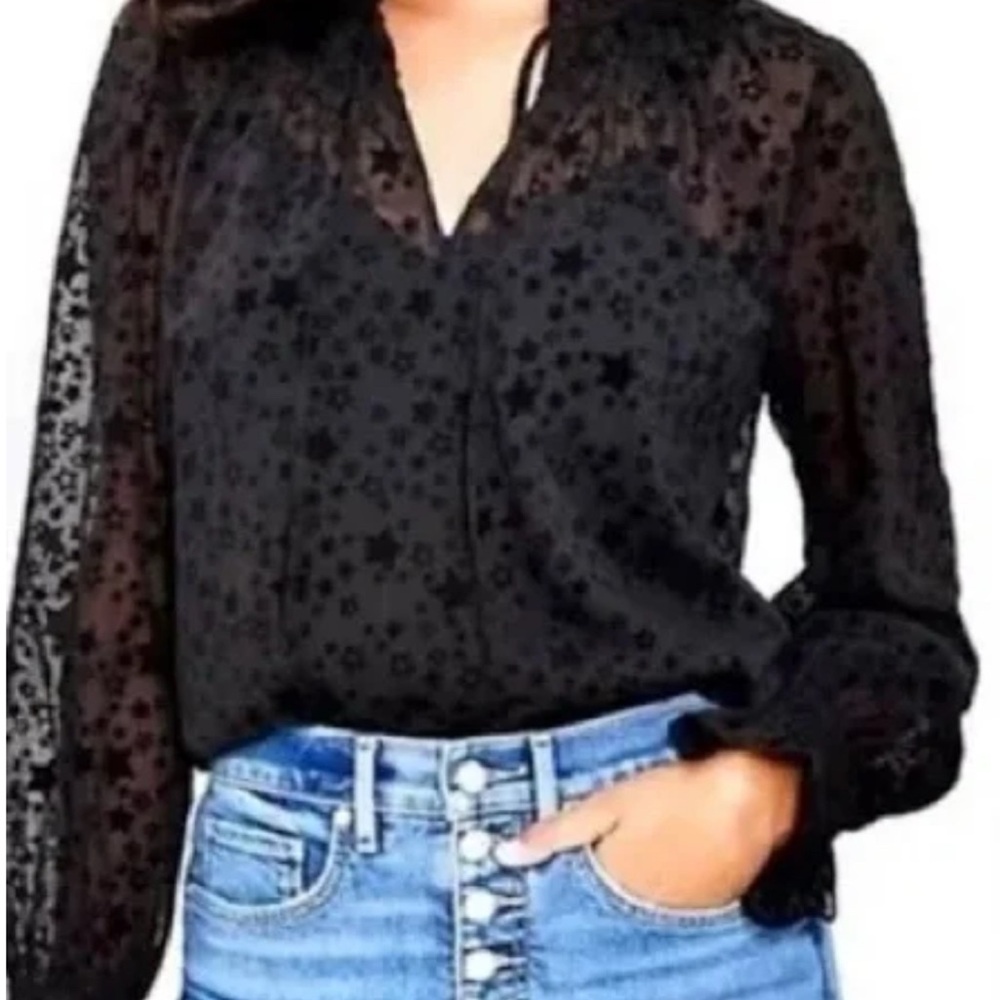 Loft Women’s Black Sheer Lace V-Neck Long Sleeve Blouse